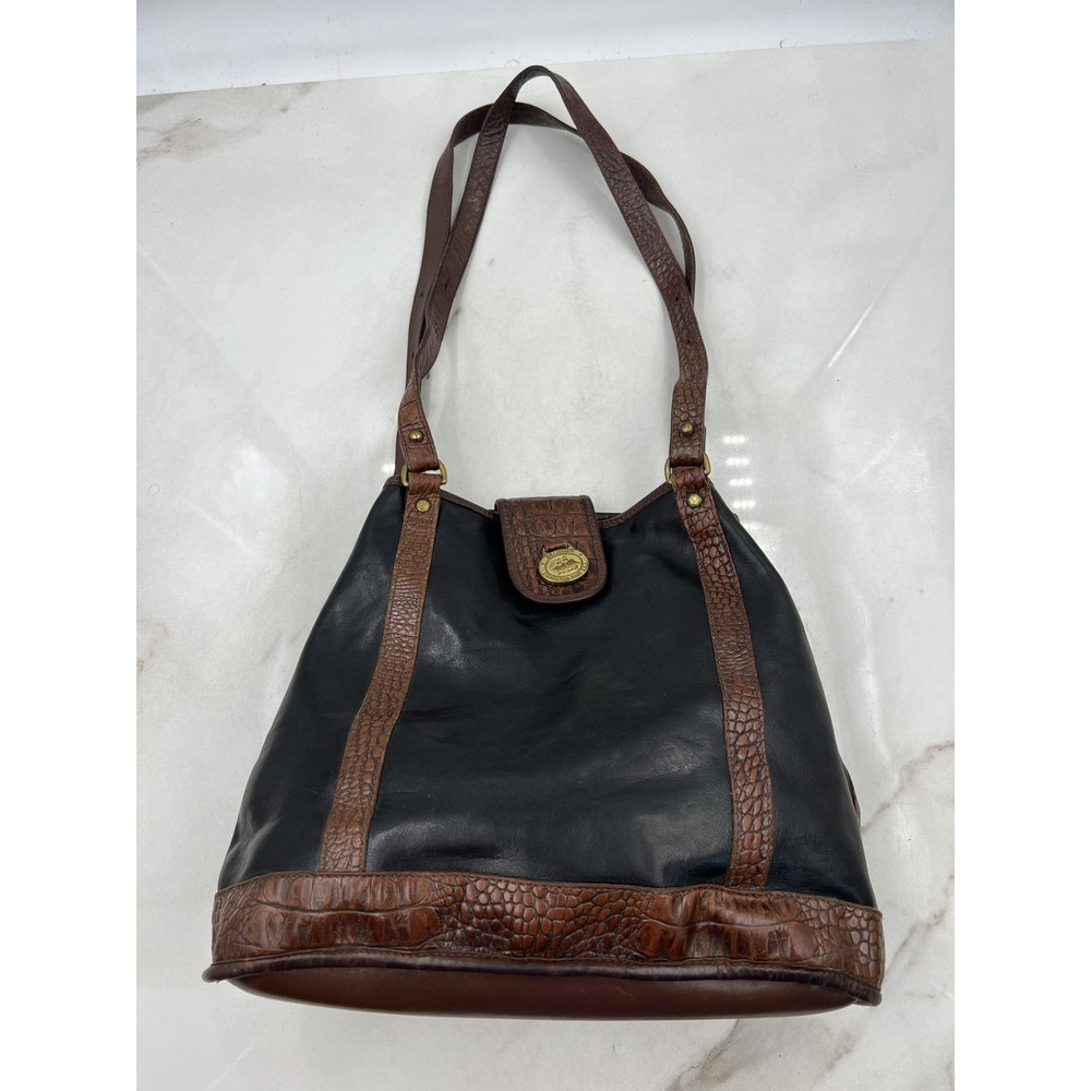VTG Brahmin Croc Embossed Leather Bucket Shoulder Bag Brass Logo Black Brown